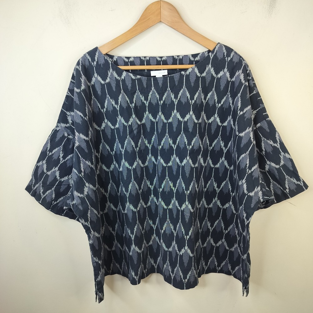 Pure J. Jill Ikat Boxy Top 2X Cotton Relaxed Oversize Navy Blue Cotton